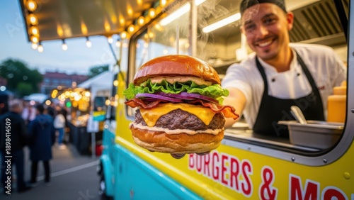 Chef serving gourmet cheeseburger with bacon and fresh vegetables from food truck at outdoor festival background