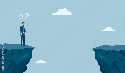 creative problem solving at work illustration with the concept of a businessman who is looking for a way to cross the gap between two cliffs, challenge at work