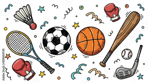 Colorful illustration of various sports equipment and balls in motion with confetti