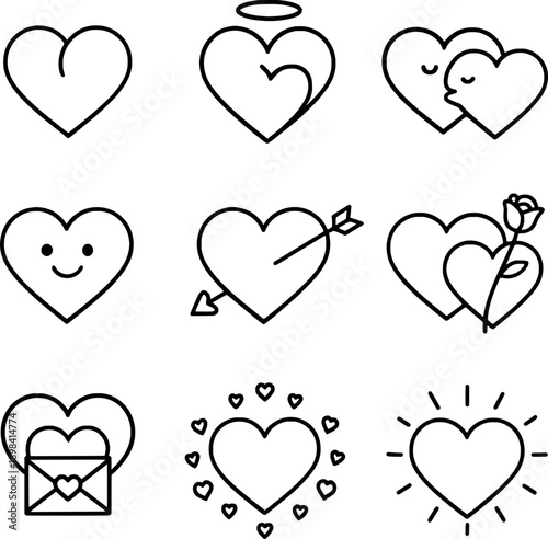 Nine heart with diverse emotion icons with valentine expressions, suitable for love symbols, apps, and romantic illustrations.