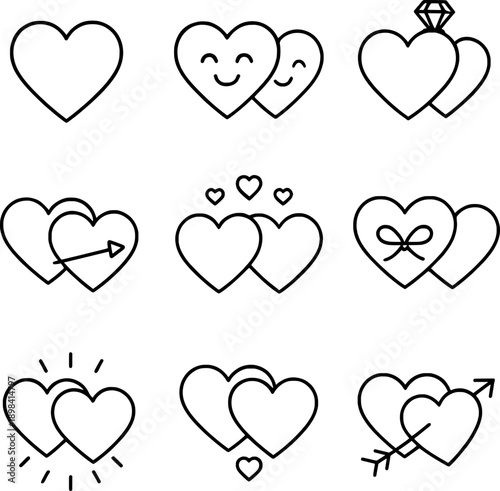 Nine heart with diverse emotion icons with valentine expressions, suitable for love symbols, apps, and romantic illustrations.