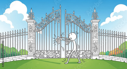 Cartoon Figure Approaches Ornate White Gates Entrance.