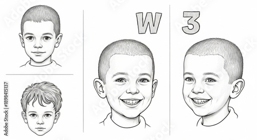 Childrens Faces Drawings Showing Different Emotions and Ages.