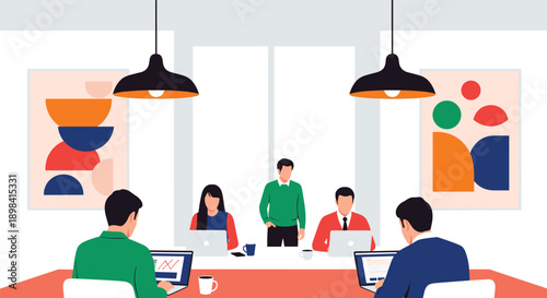 Modern Shared Office Workspace Illustration, Minimalist Flat Design, People Working at Laptops on Coral Desk, Professional Coworking Scene, Vector Art