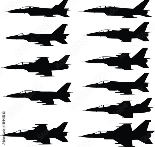 Military jet fighter silhouette set illustration, modern combat aircraft collection, black and white air force aviation vector artwork, design, icons
