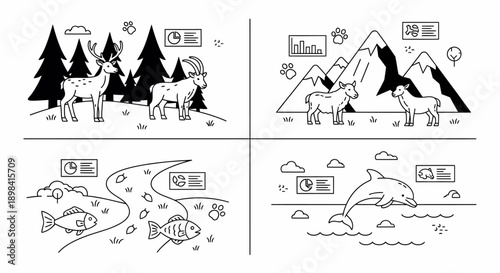 Black and White Animal Illustrations in Grid.