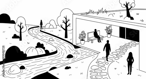 Black and White Illustration of People Walking.