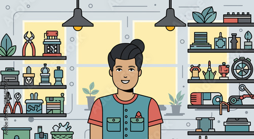 Cartoon Man Standing in Workshop Office.
