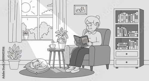 Elderly Woman Reading Book in Armchair.