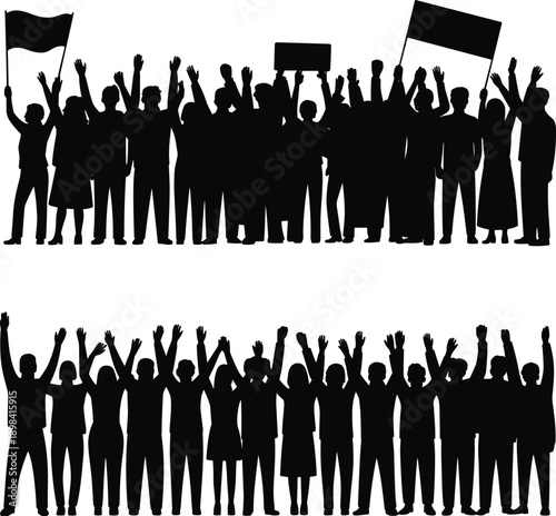 Protest crowd silhouette illustration, people holding flags and placards, public demonstration rally, social movement activism concept, black white vector artwork