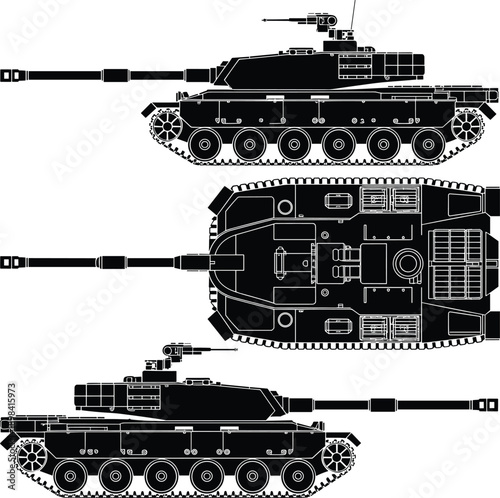 Modern military battle tank blueprint illustration, armored vehicle technical diagram top side view, black and white warfare vector artwork design