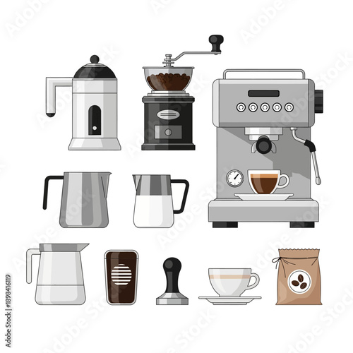 Coffee Making Equipment Set: Espresso Machine, Grinder, Mugs, and Accessories