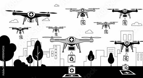 Multiple Drones Flying Over City Landscape.