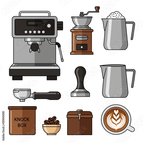 Coffee Making Equipment Set: Espresso Machine, Grinder, Tamper, Pitchers, Knock Box