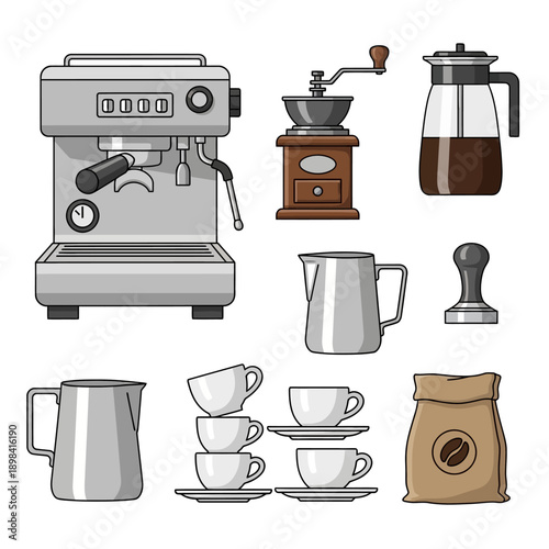 Espresso Machine, Coffee Grinder, French Press, Cups, Milk Pitcher, Tamper, Coffee Bag