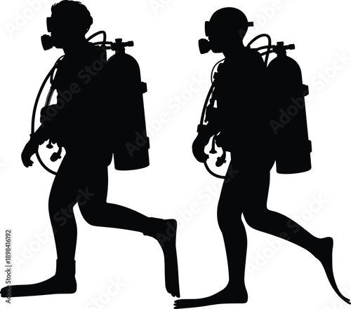 Scuba diver silhouette illustration, underwater oxygen tank equipment, professional diving action figures, black and white marine sport vector artwork, design
