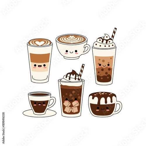 Kawaii Coffee Drinks Collection: Cute Cartoon Espresso, Latte, Frappe, Cappuccino