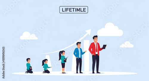 Business growth and development over time illustration.