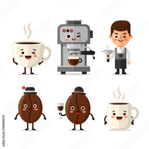 Cute Coffee Characters: Beans, Cups, Barista & Espresso Machine