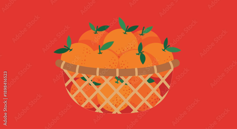 Fototapeta premium A full basket of fresh oranges with green leaves.
