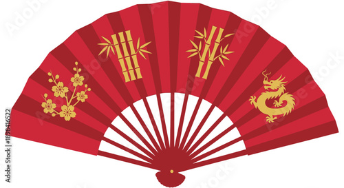 Red Chinese Folding Fan with Golden Ornaments.