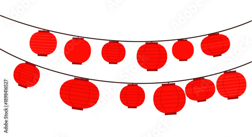 Red Chinese lanterns strung on two lines for festive decoration.