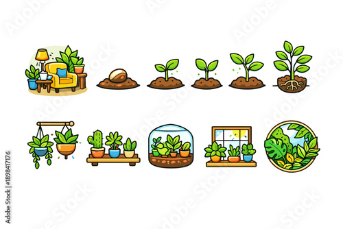 Gardening and plant care flat icon set. Home, indoor gardening growth icons collection