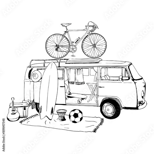 Black outline camper trailer line art. Camping car Bus  art. Summer camper family traveling Bus. Vector  illustratio