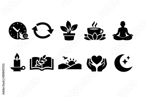 Relaxation and wellness solid icon set. Meditation, nature, and mindfulness symbols