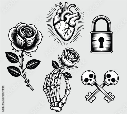 Vintage tattoo symbol illustration set, rose anatomical heart skeleton hand padlock skull keys, black and white engraving style vector artwork