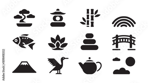 Japanese culture icon collection with bonsai tree, bamboo, zen stone, and traditional symbols showcasing Japan spiritual heritage, minimalist design, and oriental aesthetic