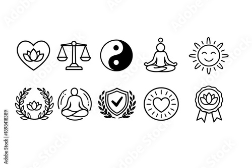 Wellness and balance line icon set. Meditation, yoga, harmony symbols outline collection