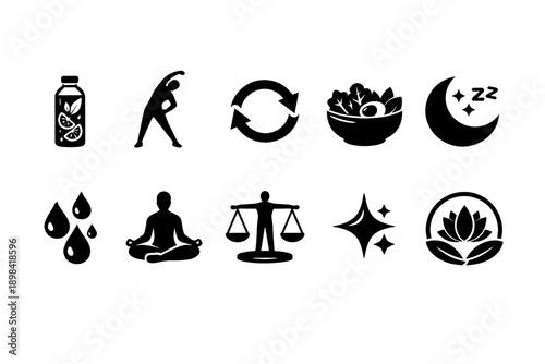 Wellness and fitness silhouette icon set: yoga, balance, meditation, and health symbols