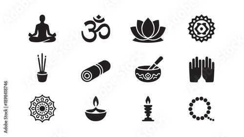 Yoga and meditation icon set with lotus pose, om symbol, mandala, and spiritual symbols for wellness, mindfulness, and holistic health design themes