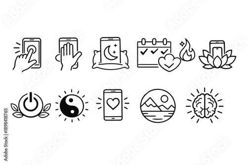 Mindfulness and wellness outline icon set. Meditation, relaxation, mental health icons.