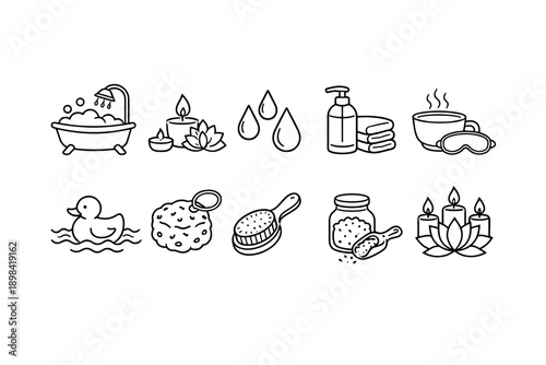 Spa and relaxation outline icon set. Wellness, beauty, bath icons collection