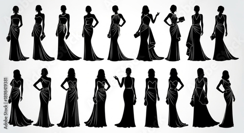 Collection of elegant female silhouettes in evening gowns.