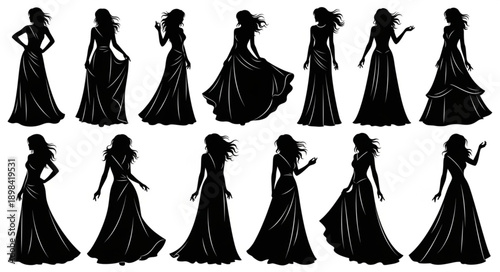 Collection of elegant female silhouettes in flowing gowns.