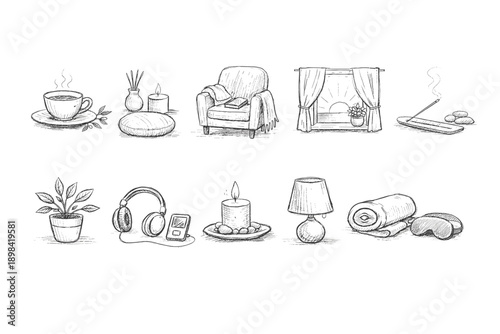 Cozy home linear icon set. Comfort and relaxation illustration with line icons