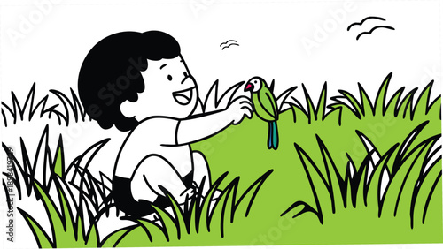 A Little Boy Playing with a Parrot on Grass Birds in Background Vector Illustrations Art Cartoonish Designs