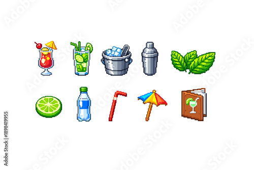 Cocktail and drink flat icon set: refreshing beverage, bar icons collection