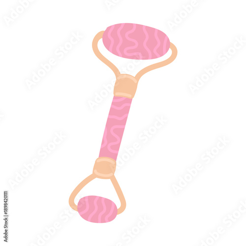 Natural pink jade roller for facial massage in flat cartoon design. Skincare tool in for pampering and skincare routine procedure. Pink girly aesthetic, female beauty . Vector illustration isolated.