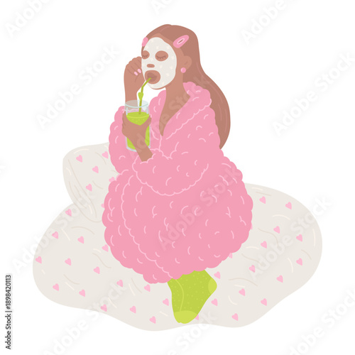 Woman beauty and self care concept in flat cartoon design. Young african american girl drinking green matcha, sitting in bed, doing facial mask skincare routine. Vector illustration isolated.