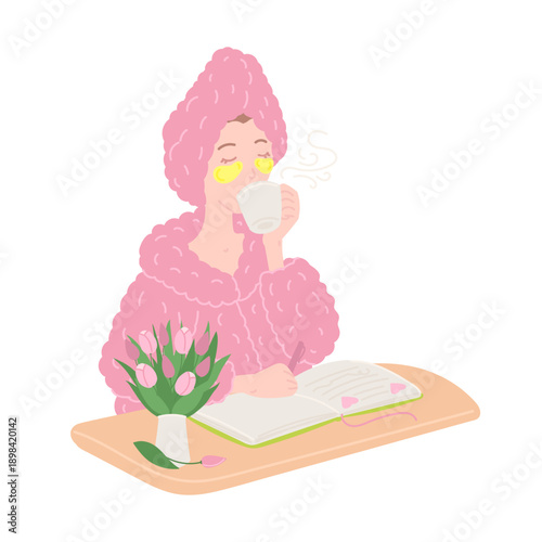 Woman beauty and self care concept in flat cartoon design. Young girl in pink fluffy robe drinks morning coffee, doing skincare with eye patches, writing in journal. Vector illustration isolated.