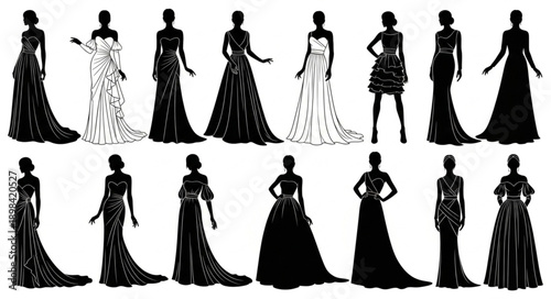 Collection of elegant evening gowns silhouettes for fashion design.