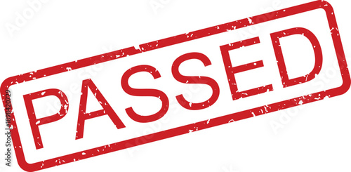 Red passed textured rubber stamp impression with a rectangular border on white signifying approval