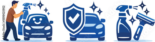 Car Cleaning Icon: A graphic representation of car care with a shield symbolizing protection, spray bottles, and a smiling car, signifying cleanliness, and security. 