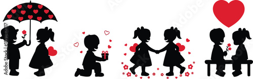 Silhouette of Love's Embrace: Adorable silhouettes of young children, capturing the essence of affection with hearts and tender moments, portraying the beginnings of love and the magic of childhood.