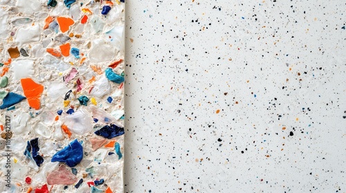 Wallpaper Mural Bold terrazzo chips against speckled background, material study for countertop manufacturer, vibrant shards embedded in recycled composite, tactile finish, high detail resolution for product catalog Torontodigital.ca