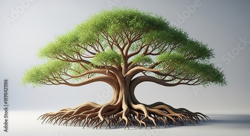 A large tree with green leaves and exposed roots on a gray background